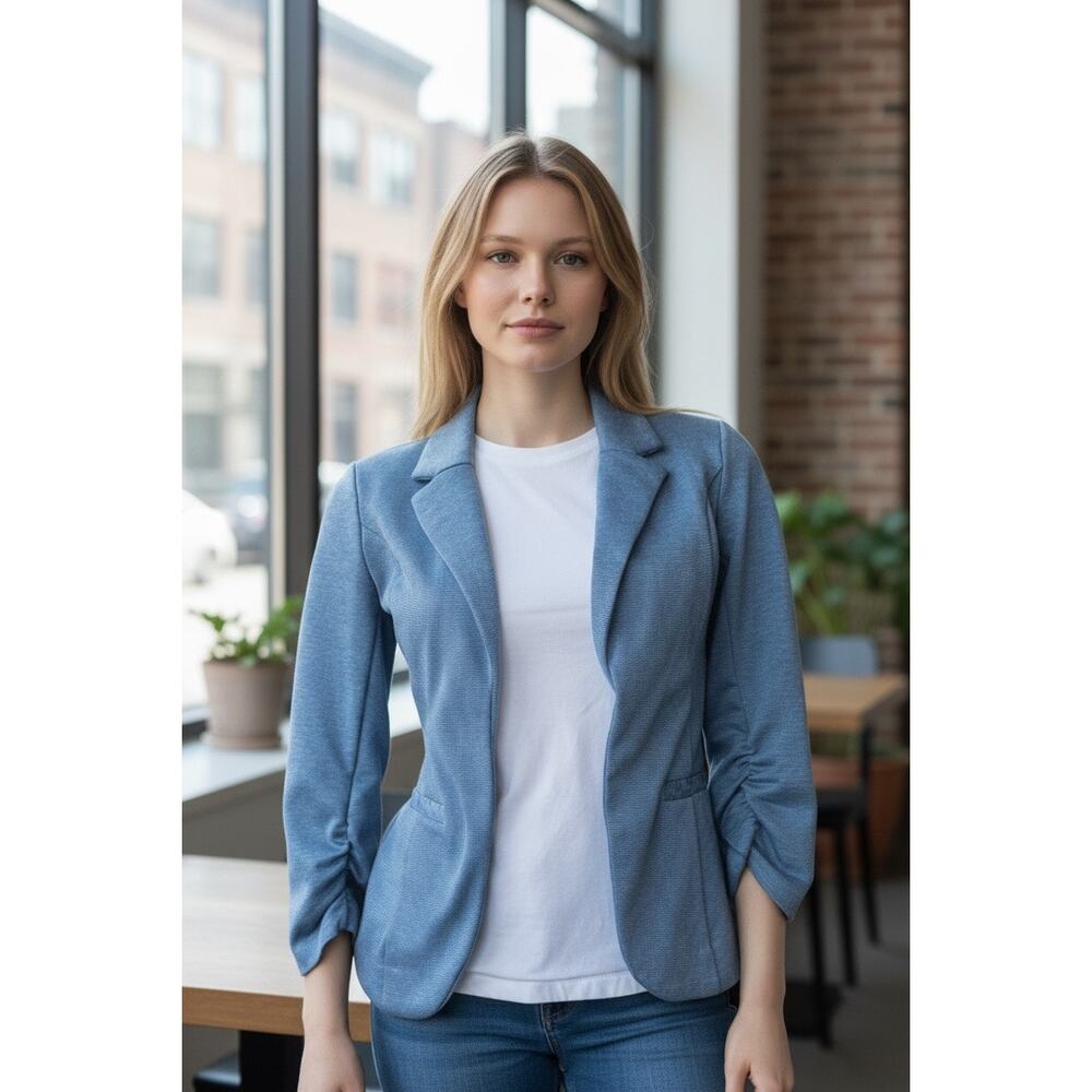 Candie’s Juniors' Small Ruched 3/4 Sleeve Knit fitted blue Blazer